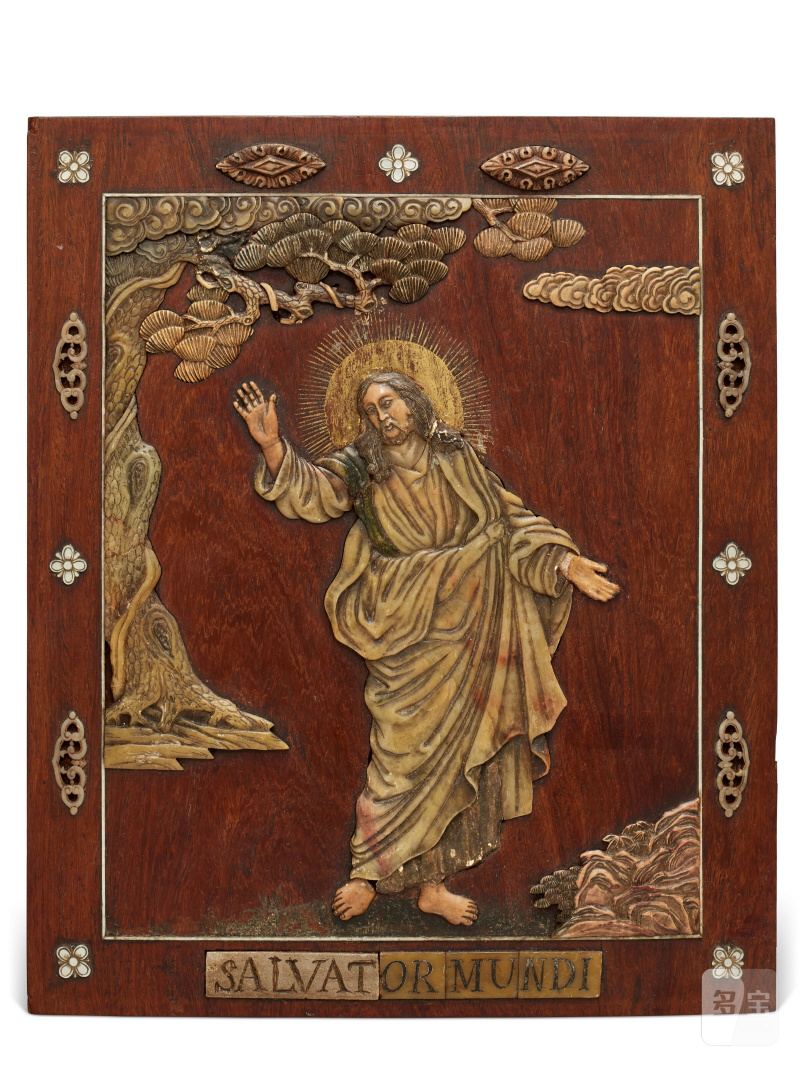 RARE PANNEAU EN HONGMU INCRUSTÉ DE PIERRE DE LARD REPRÉSENTANT LE CHRIST  SINO-PORTUGAIS, XVIIE SIÈCLE OU POSTÉRIEUR